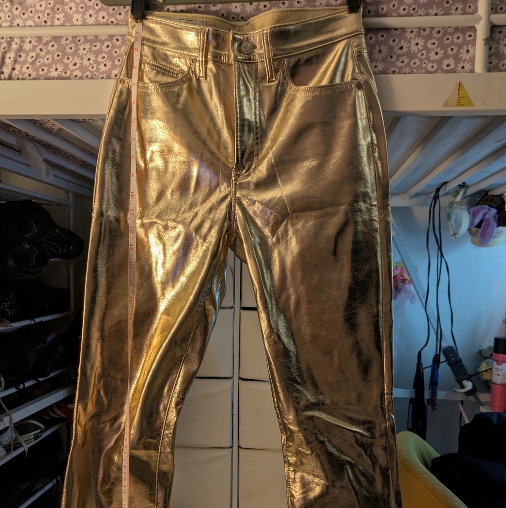 Gap 1969, High Rise Vegan Leather Vintage Slim Shiny Gold Metallic Pants